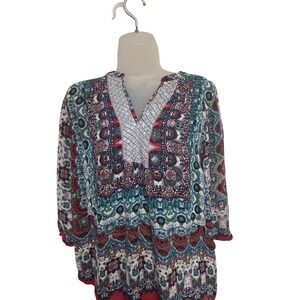Bila Paisley‎ Print Tunic Top Bohemian V-Neck 3/4 Sleeve Blouse Large